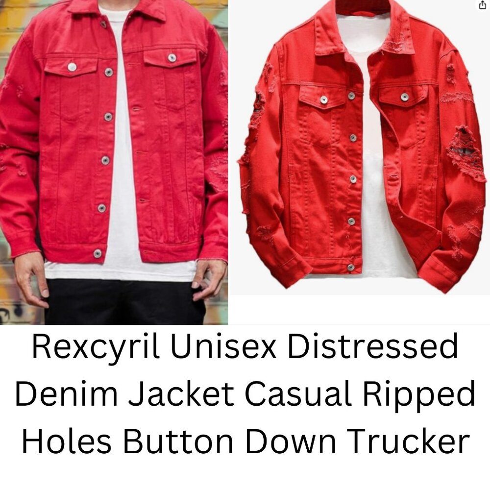 Rexcyril Unisex Distressed Denim Jacket Casual Ripped Holes Button Down Trucker
